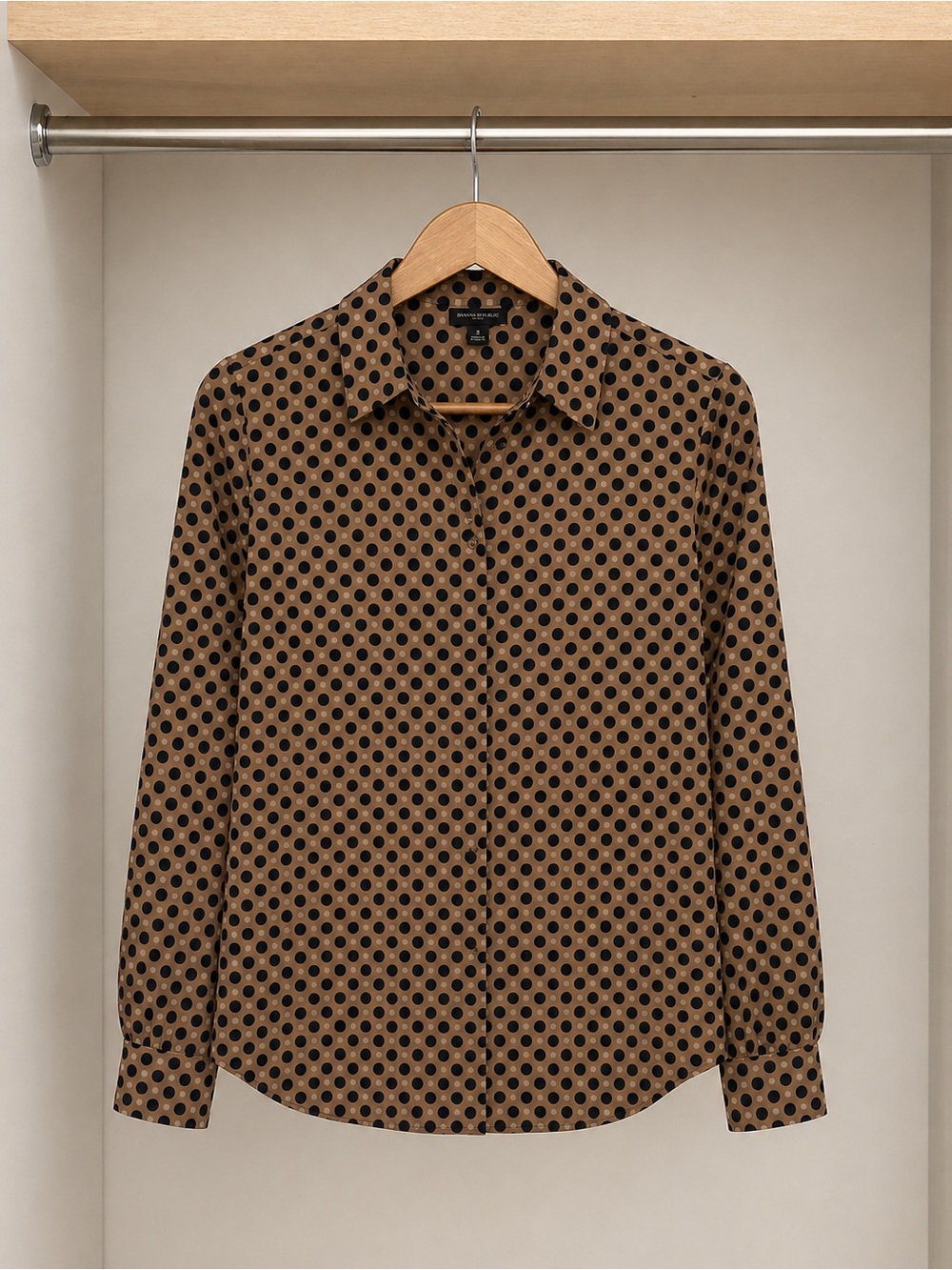 Ann Taylor Polka Dot Blouse Size 8 Brown Black Button Front Long Sleeve